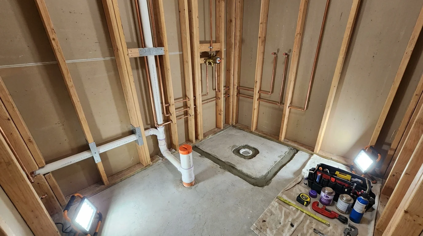 Bathroom rough-in plumbing during remodel by Johns Plumbing LLC in Lanett