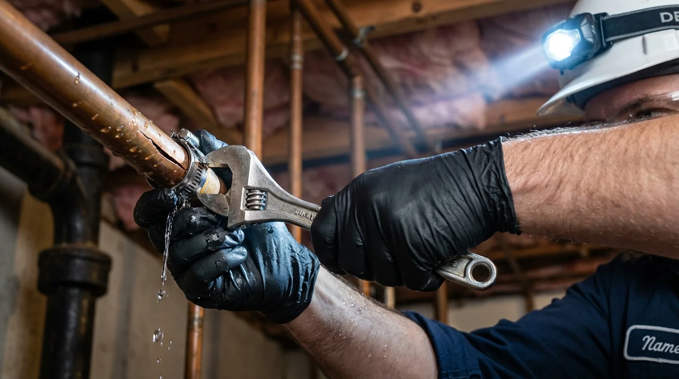 Emergency pipe clamp repair being performed by a Johns Plumbing LLC plumber in Lanett