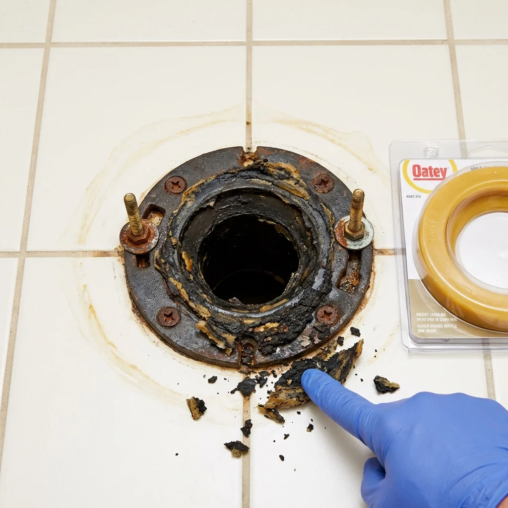 Failed wax ring showing water seepage at the base of a toilet in a Lanett, AL home